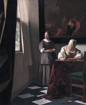 Johannes Vermeer Painting - Dama escribiendo una carta con su doncella Barroco Johannes Vermeer